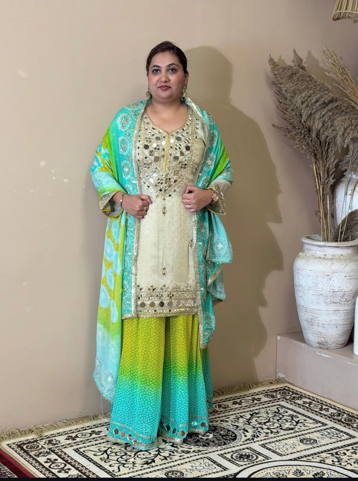 Ivory Ombre Sharara Set - Green
