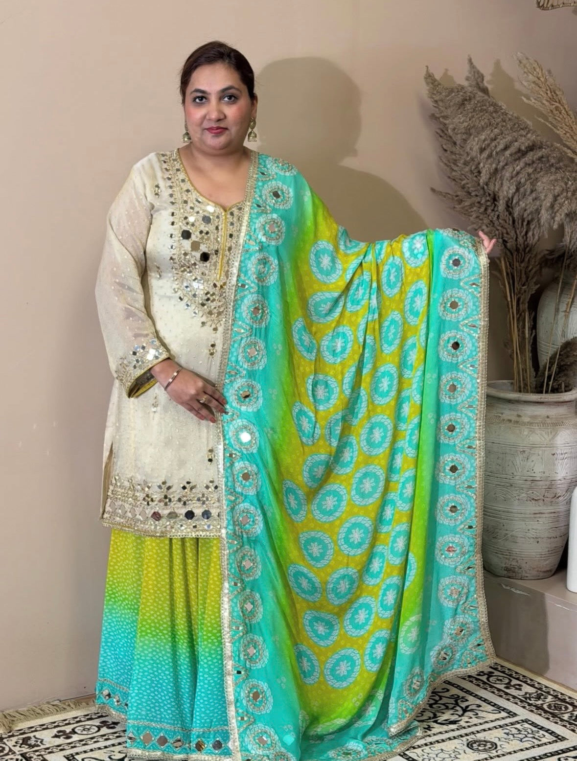 Ivory Ombre Sharara Set - Green