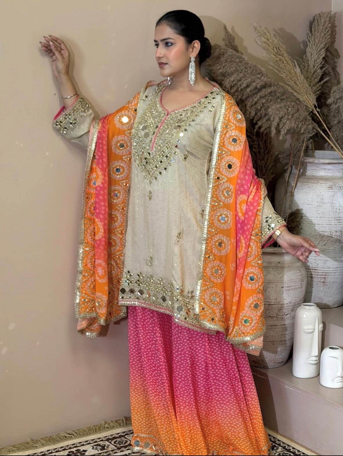 Ivory Ombre Sharara Set - Orange