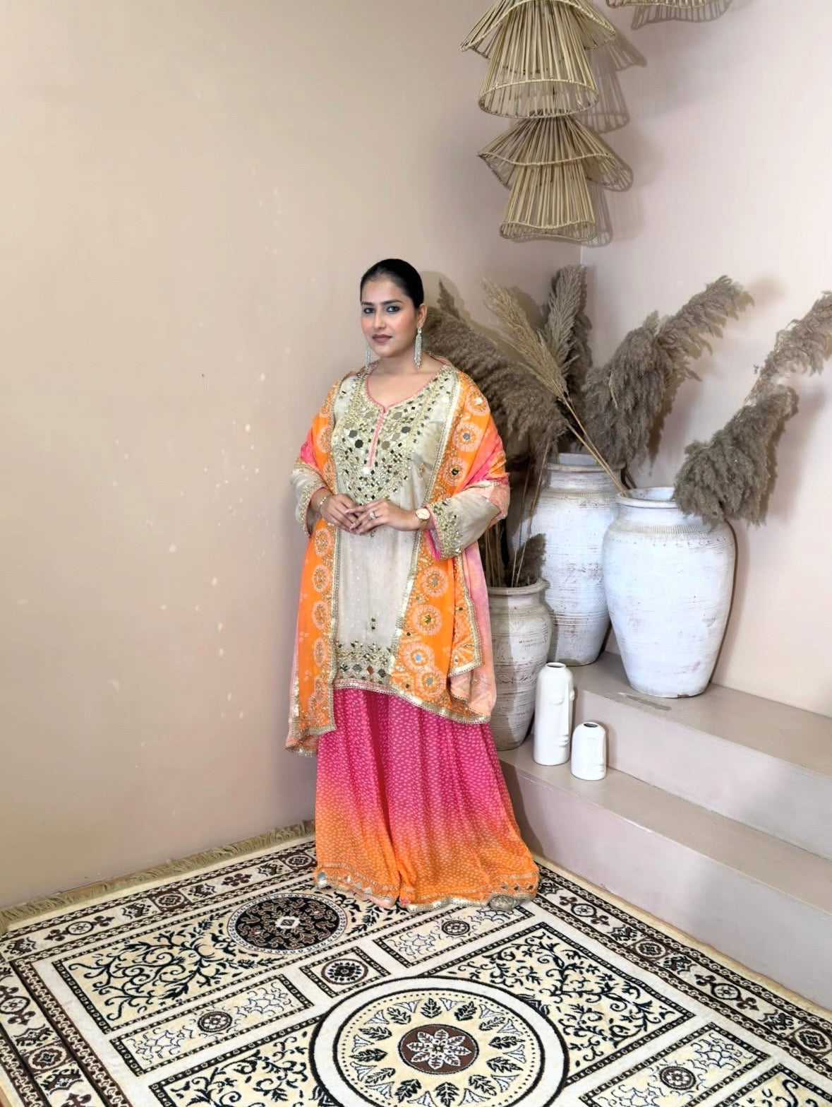 Ivory Ombre Sharara Set - Orange