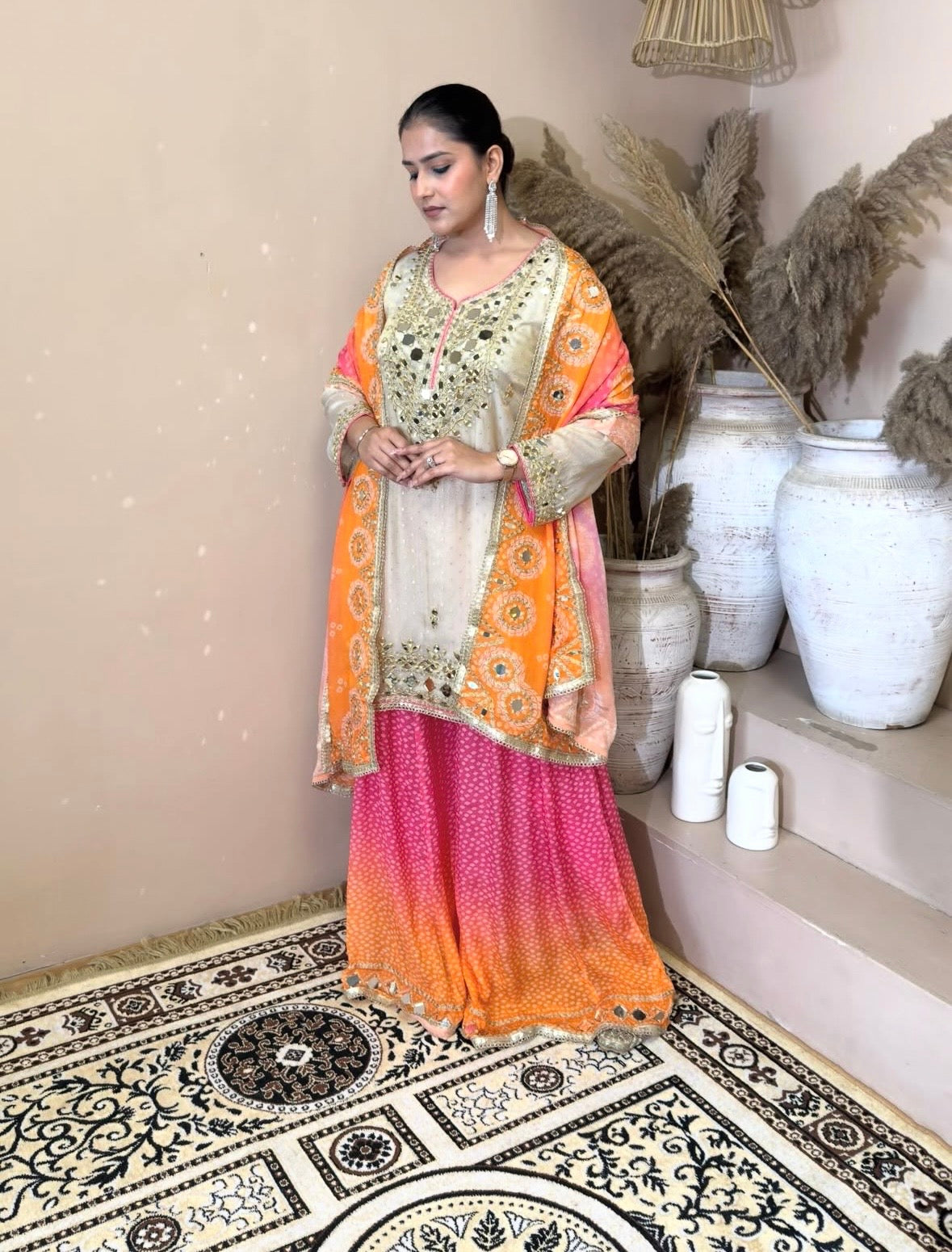 Ivory Ombre Sharara Set - Orange