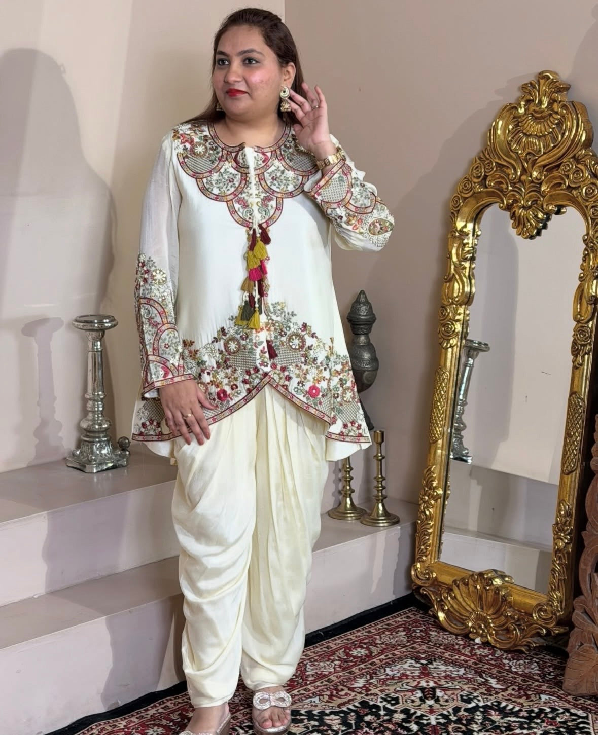 Short Shirt Hand-Embroidered with Dhoti Pants