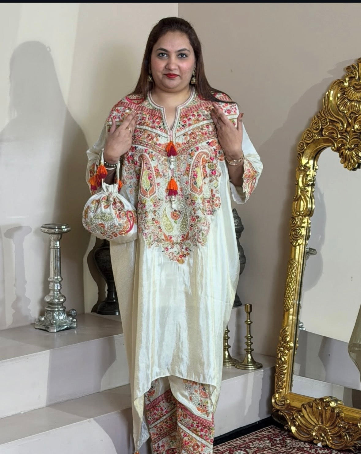 Ivory Hand-Embroidered Kaftan Set