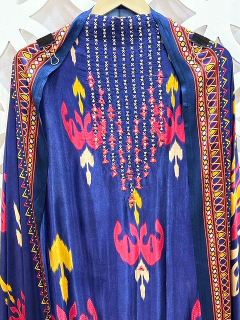 Gajji Silk Ikkat Print Suit Set - Blue