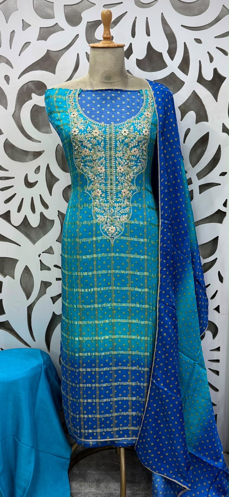 Royal Bandhani Gajji Silk Zardosi Suit - Blue