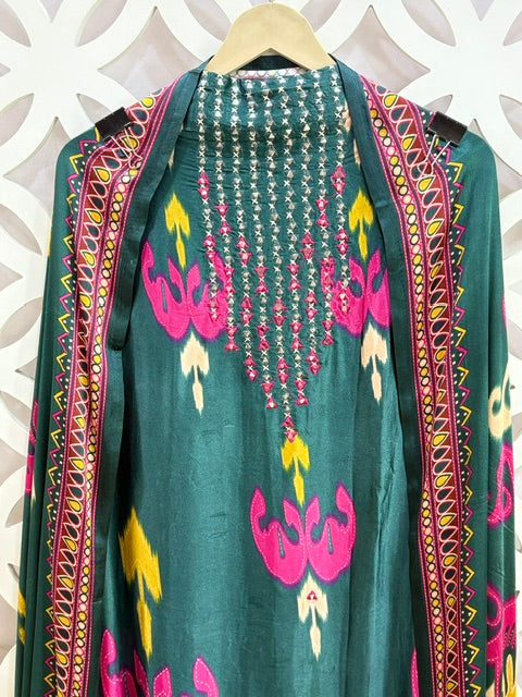 Gajji Silk Ikkat Print Suit Set - Green