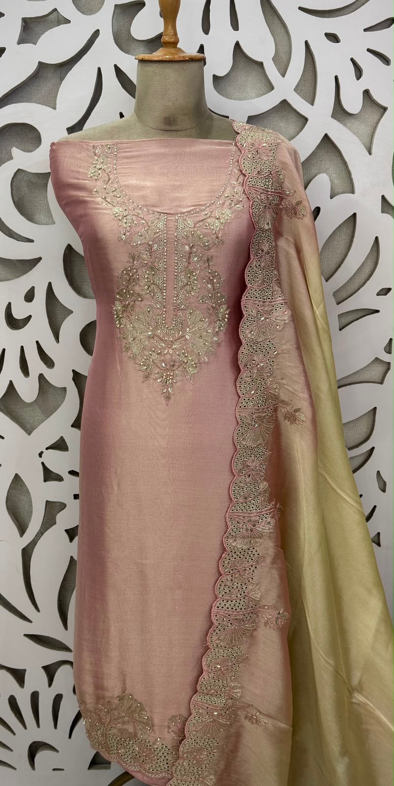 Festive Giraffe Silk Embroidered Suit - Light Pink