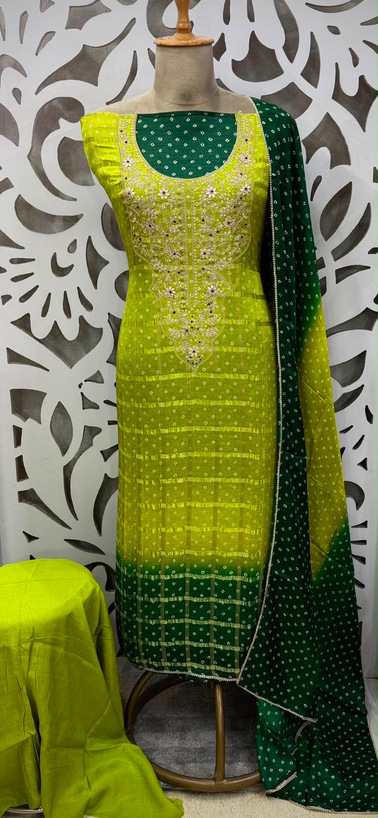 Royal Bandhani Gajji Silk Zardosi Suit - Green