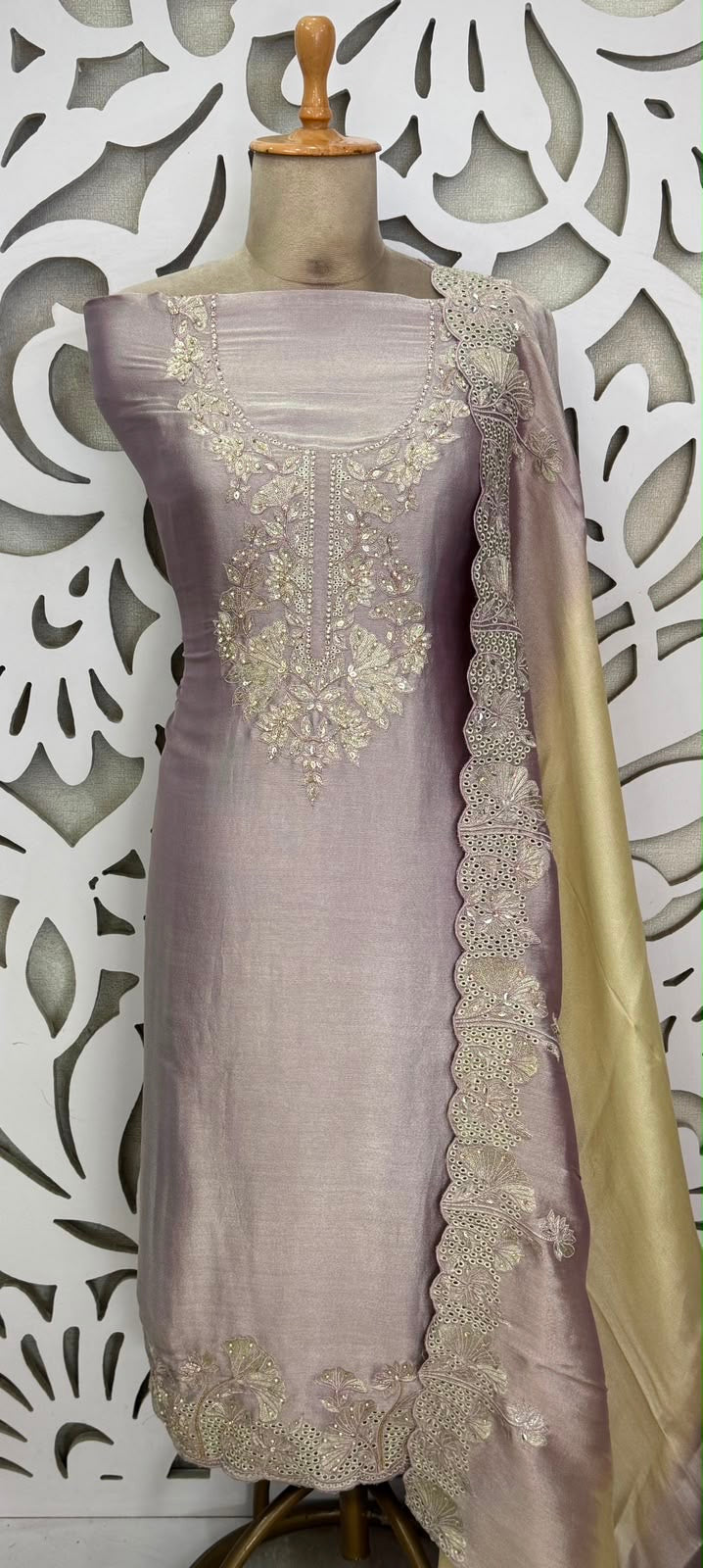 Festive Giraffe Silk Embroidered Suit - Light Purple