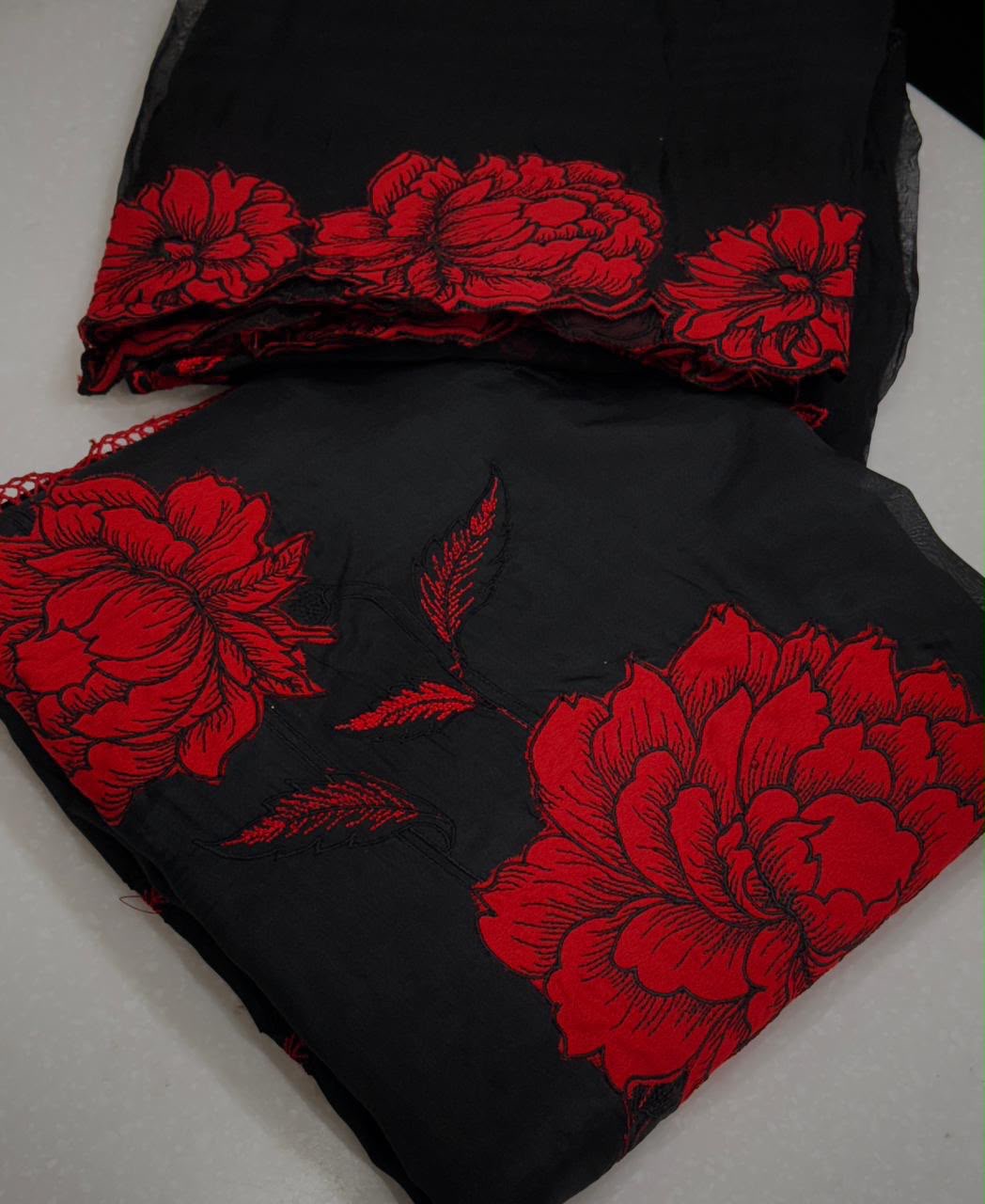 Shimmer Organza Embroidered Suit - Black