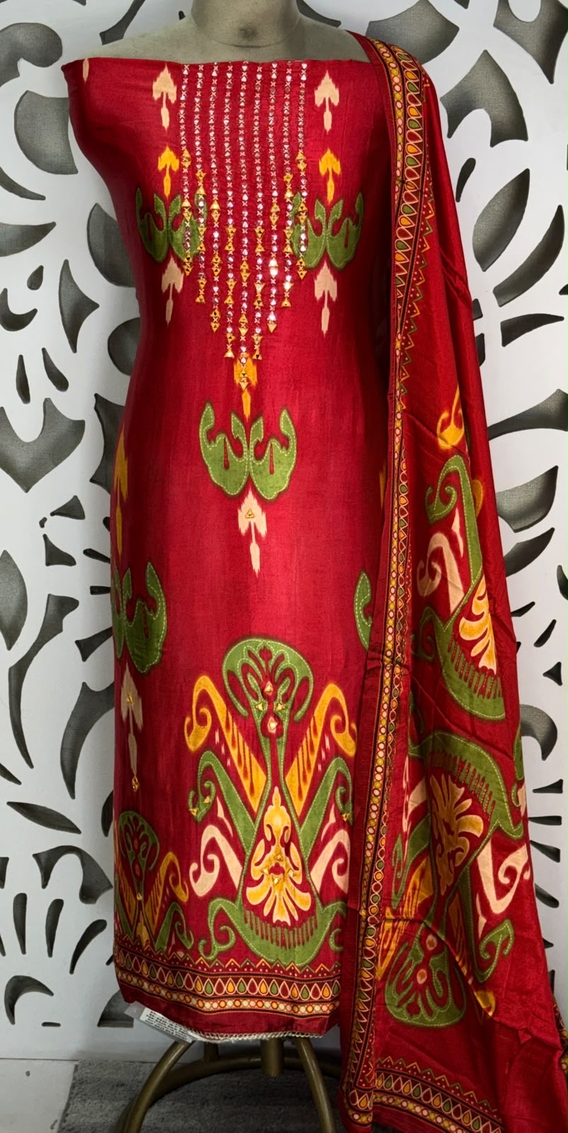 Gajji Silk Ikkat Print Suit Set - Red