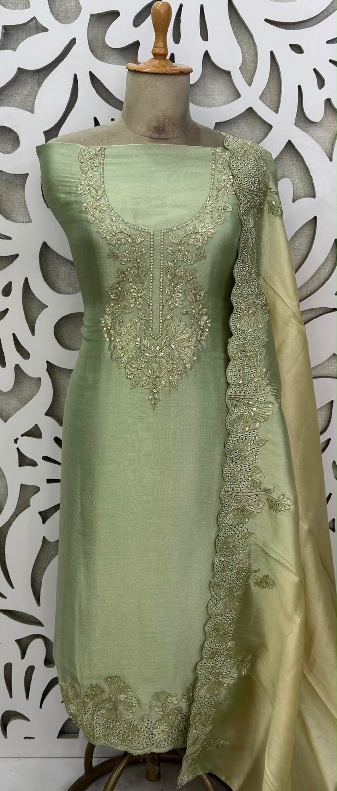 Festive Giraffe Silk Embroidered Suit - Light Green