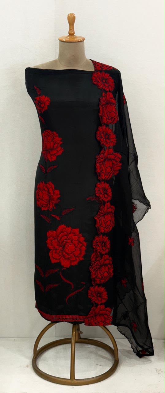 Shimmer Organza Embroidered Suit - Black