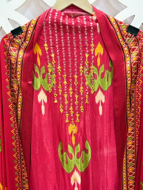 Gajji Silk Ikkat Print Suit Set - Red